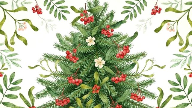 Watercolor Christmas tree framed by greenery berries  mistletoe