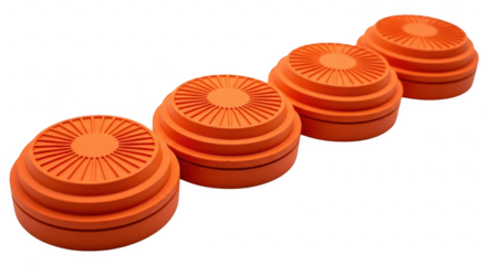 A group of orange clay targets are arranged in a row ready for skeet shooting practice isolated on transparent background