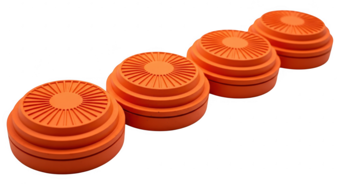 A group of orange clay targets are arranged in a row ready for skeet shooting practice isolated on transparent background