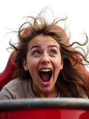 Roller Coaster Adventure: Capture the pure adrenaline rush and exhilarating experience. A woman on a roller coaster, her face alight with a mixture of exhilaration and fright.