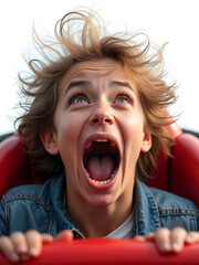 Unleashing the Thrill: A young person experiences the exhilaration of a rollercoaster ride, eyes wide and mouth open in a moment of pure, unadulterated excitement.