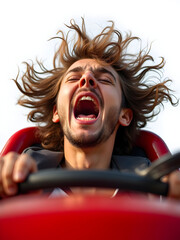Unleashed Thrill: A man's face contorted in a scream as he plunges into an adrenaline-fueled experience of excitement.