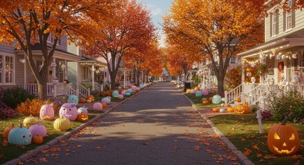 A whimsical autumn streetscape brimming with Halloween charm and festive spirit in suburbia