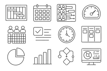 Project management icon set. outline style for planning, tasks, charts, and diagrams.