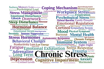 Chronic Stress Word Cloud. Key Terms in Mental Health, Burnout, Anxiety, and Emotional Impact