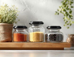 Three glass jars with black lids on a wooden shelf hold spices paprika, couscous, and peppercorns. 