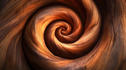 3D render of a complex, swirling vortex with dark brown, textured wood-like patterns.