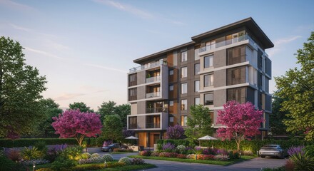 Architectural rendering showcasing a modern apartment building with lush landscaping and a serene