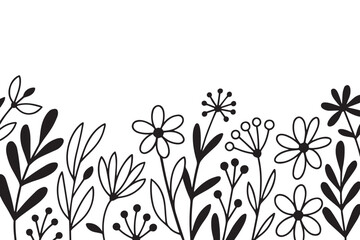 Black and white hand-drawn floral border vector. Whimsical flowers & leaves for cards, web, print. Elegant, scalable nature design.