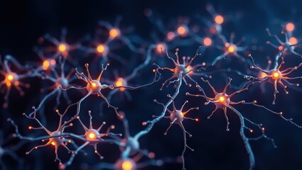 A close up view of multiple neurons connected by axons with glowing orange centers on dark background