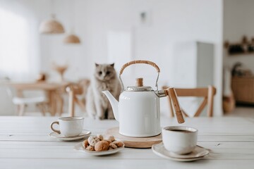 Fototapeta premium Minimalist coffee set with cat cups and grey feline 