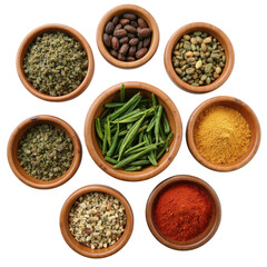 Assorted Spices and Herbs in Traditional Bowls on a White Background on transparent background