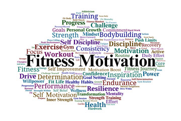 Fitness Motivation Word Cloud. Key Workout Words for Discipline, Growth, and Performance