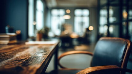 Blurred Of Office Workspace Background Featuring A Modern Desk And Chair Ideal For Business Presentations Or Professional Use