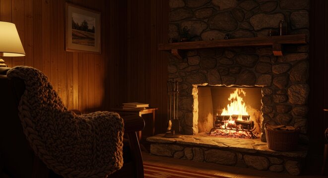 Cozy interior scene featuring a warm fireplace and inviting armchair ambience atmosphere