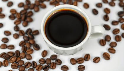 Obraz premium Dark espresso in small cup, roasted coffee beans scattered nearby on white, dark roast, product photography
