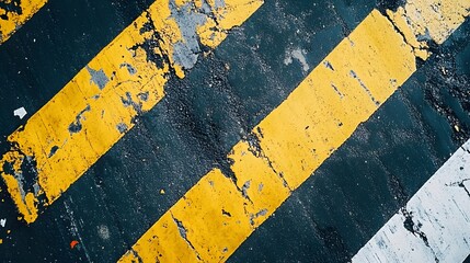 Photograph of concrete stripes, yellow and white, with weathered texture and cracking.