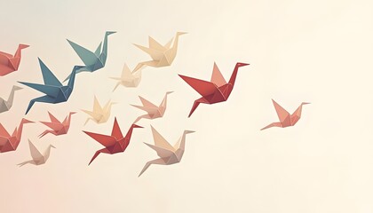 Colorful origami paper cranes flying in formation