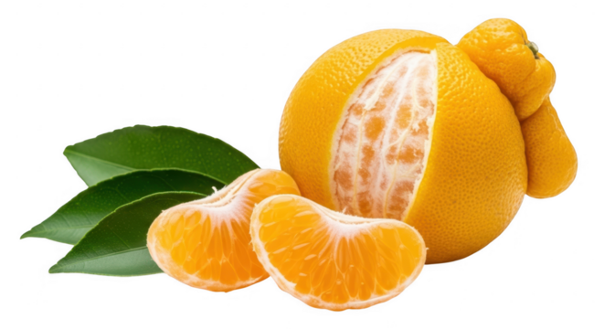 A bright and juicy tangerine with green leaves and peeled segments on a transparent background is displayed