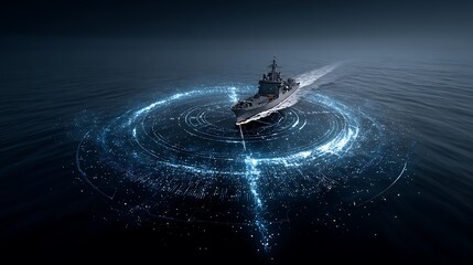 A ship sailing on a digital data ocean, with an AI compass guiding it toward its destination Data Science and Analytics Business Intelligence and Strategy