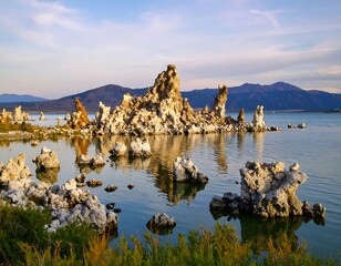 Sunrise over tufa formations in a calm lake