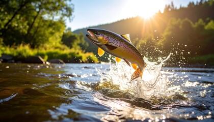 Fototapeta premium Trout leaps from river, sunlit scene