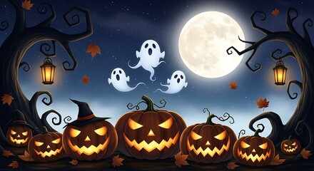 Fototapeta premium Spooky halloween scene with glowing jack o lanterns and playful ghosts under a full moon