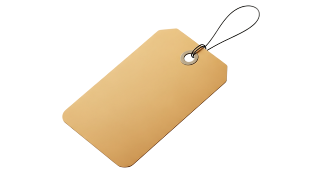 Blank brown paper price tag with string isolated on transparent background