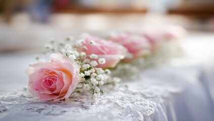 Delicate pink roses and tiny white blossoms arranged along lacy white fabric, softly illuminated against a blurred background, emphasizing beauty and fragility