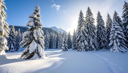Naklejka premium Sunlit snow-covered evergreen forest, mountains in background