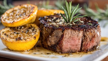 Grilled steak rests on a white plate, adorned with rosemary and slices of caramelized lemon, glistening with juices