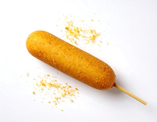 A delicious golden brown corn dog on a wooden skewer, isolated on a clean white background with scattered crumbs.