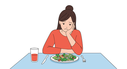 A young woman expresses disappointment over a healthy salad meal while sitting at a dining table