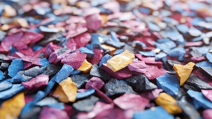 Digital illustration of textured, irregular, colored rock fragments in blue, pink, and gold tones.
