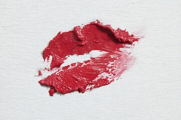 Bold red lipstick kiss mark smudged on textured white paper, conveying passion and beauty