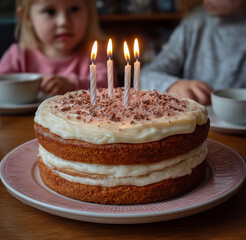 Happy birthday cake for a four-years sweet girl: delicious homemade sponge pie filled with cream and topped with caramel chunks and illuminated candles, blurred background