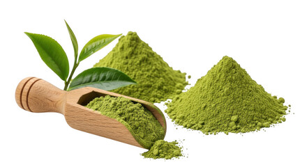 A wooden scoop filled with matcha powder alongside heaps of green tea for a healthy beverage isolated on transparent background