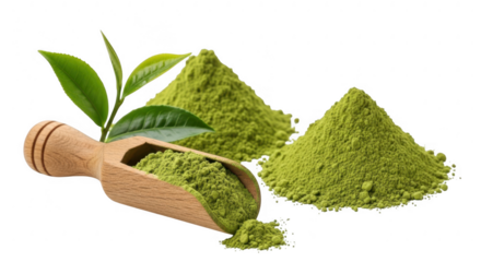 A wooden scoop filled with matcha powder alongside heaps of green tea for a healthy beverage isolated on transparent background