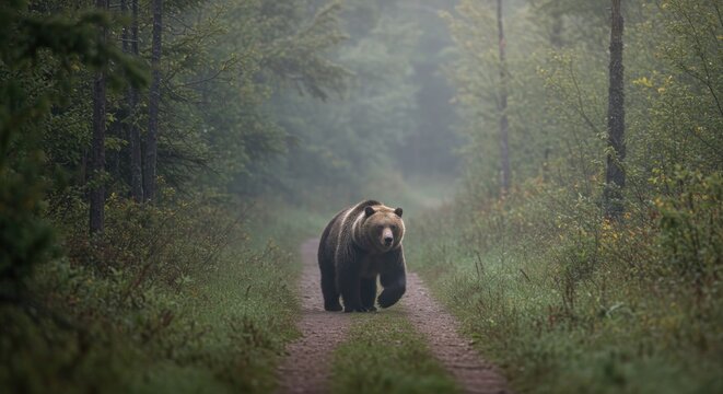Grizzly's path: A majestic bear strides along a misty forest trail on an early day - Powered by Adobe