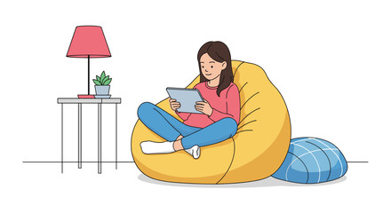 Obraz premium A young woman enjoys reading a book while relaxing in a cozy beanbag chair at home