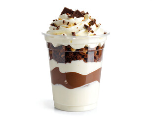Delicious layered chocolate parfait with brownie, cream, and pudding in a takeaway cup isolated on a white background