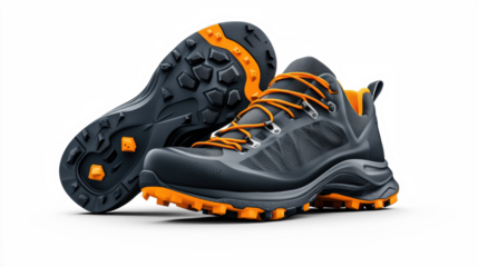 Rock climbing shoes with orange details, isolated view.