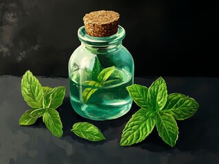 color illustration of peppermint essential oil in a small vintage jar on black background