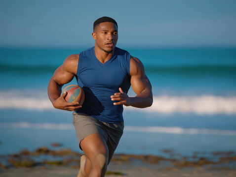 Athletic man running on sandy beach, holding a rugby ball, with ocean waves in the background, showcasing strength, determination, and active lifestyle in a vibrant outdoor setting - Powered by Adobe