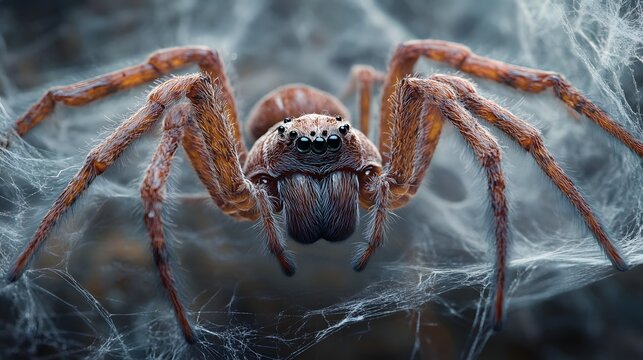 Photograph of a close-up red spider intricately positioned within a detailed web. - Powered by Adobe