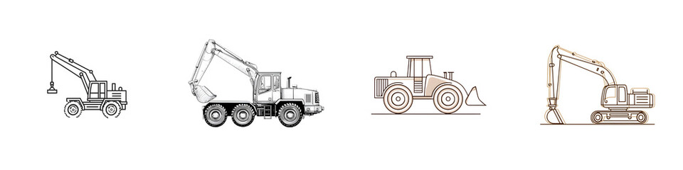 Naklejka premium Construction Vehicle Sketches: Vintage Digger and Bulldozer Set