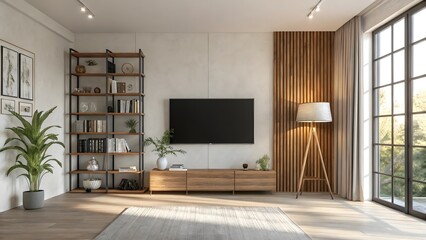 Contemporary Living Room with Bookshelf, TV, and Large Window Offering Natural Light