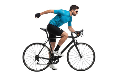 Obraz premium A confident, athletic male cyclist posing dynamically with a road bicycle, symbolizing sports, fitness, and healthy active lifestyle on isolated transparent background.