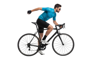 A confident, athletic male cyclist posing dynamically with a road bicycle, symbolizing sports, fitness, and healthy active lifestyle on isolated transparent background.
