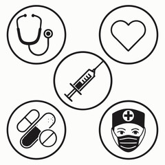 Vector art of medical icons showcase stethoscope, heart, syringe, medicine, and nurse